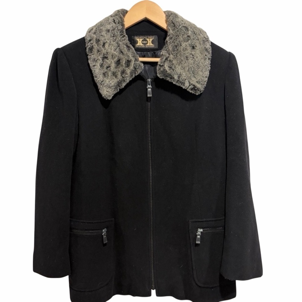 Vintage Anna Black Coat with Gray Faux Fur Collar Cashmere Virgin Wool Blend